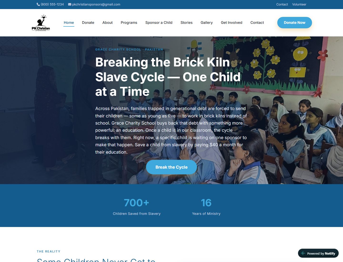 Homepage of PK Christian Sponsors, with one button leading visitors to monthly sponsorship